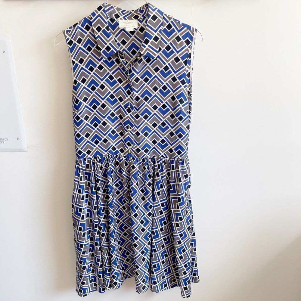kate spade Geometric Print Sleeveless Midi Dress in Blue and White